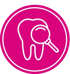 Tooth icon with magnifying glass, pink background.