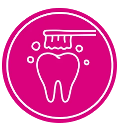Tooth with toothbrush and bubbles icon.