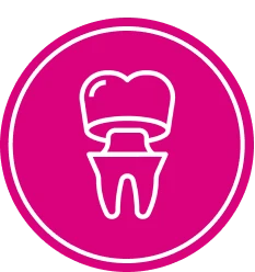 Dental crown icon on pink background.